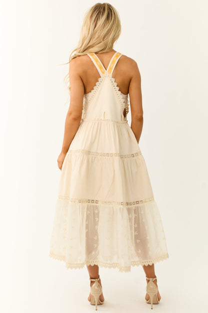 Almond Lace Tiered Overalls Maxi Dress