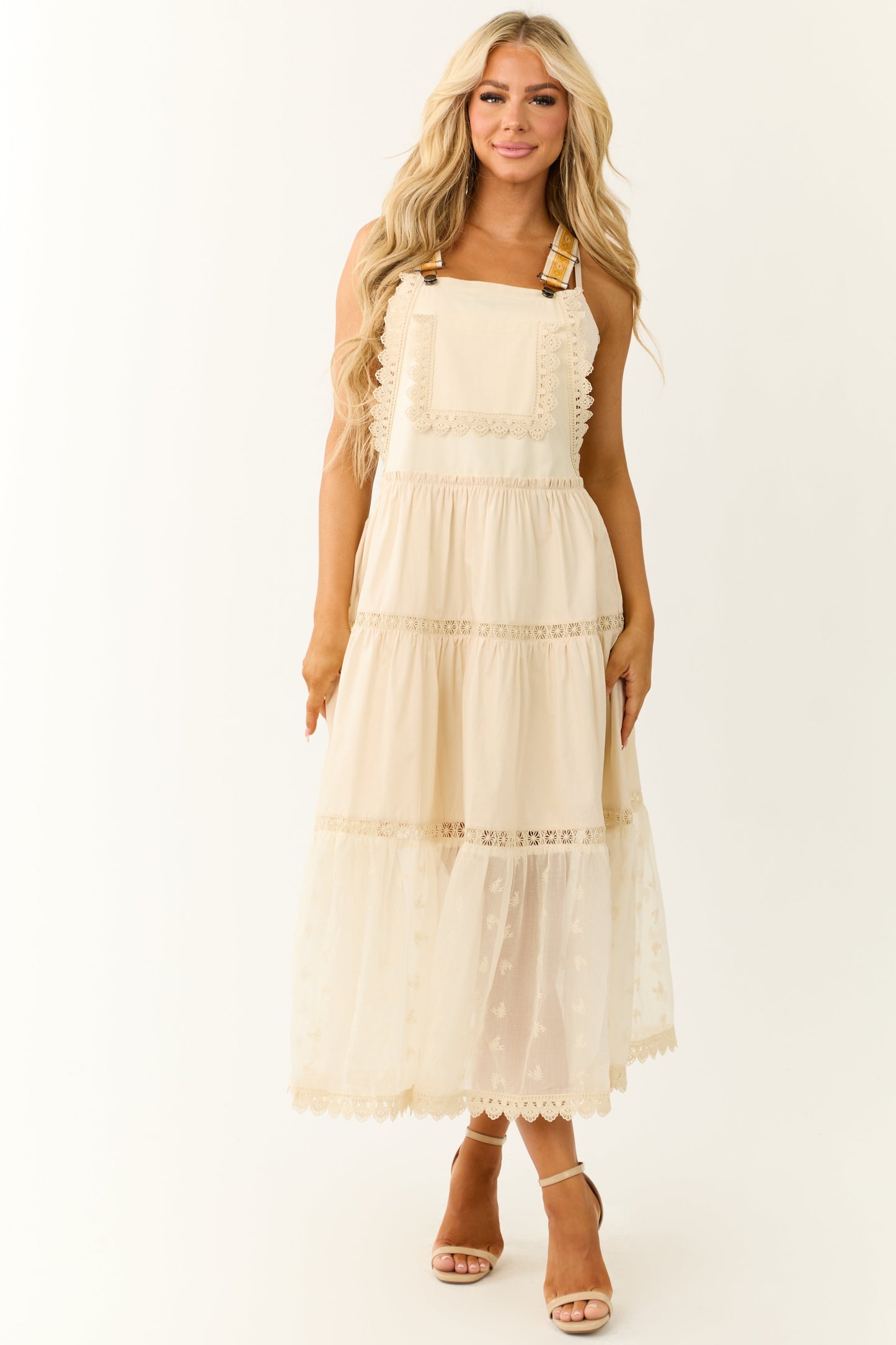 Almond Lace Tiered Overalls Maxi Dress