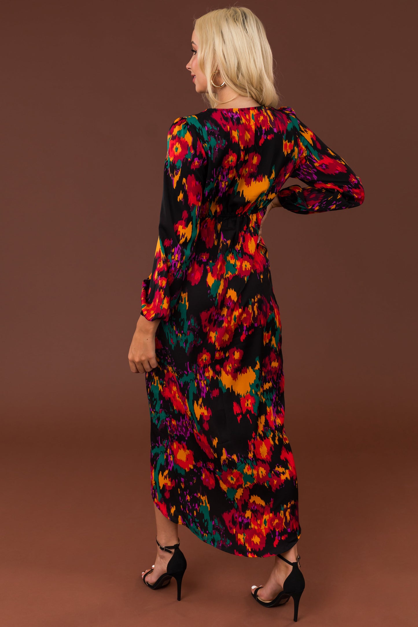 Black Abstract Print Long Sleeve Maxi Dress