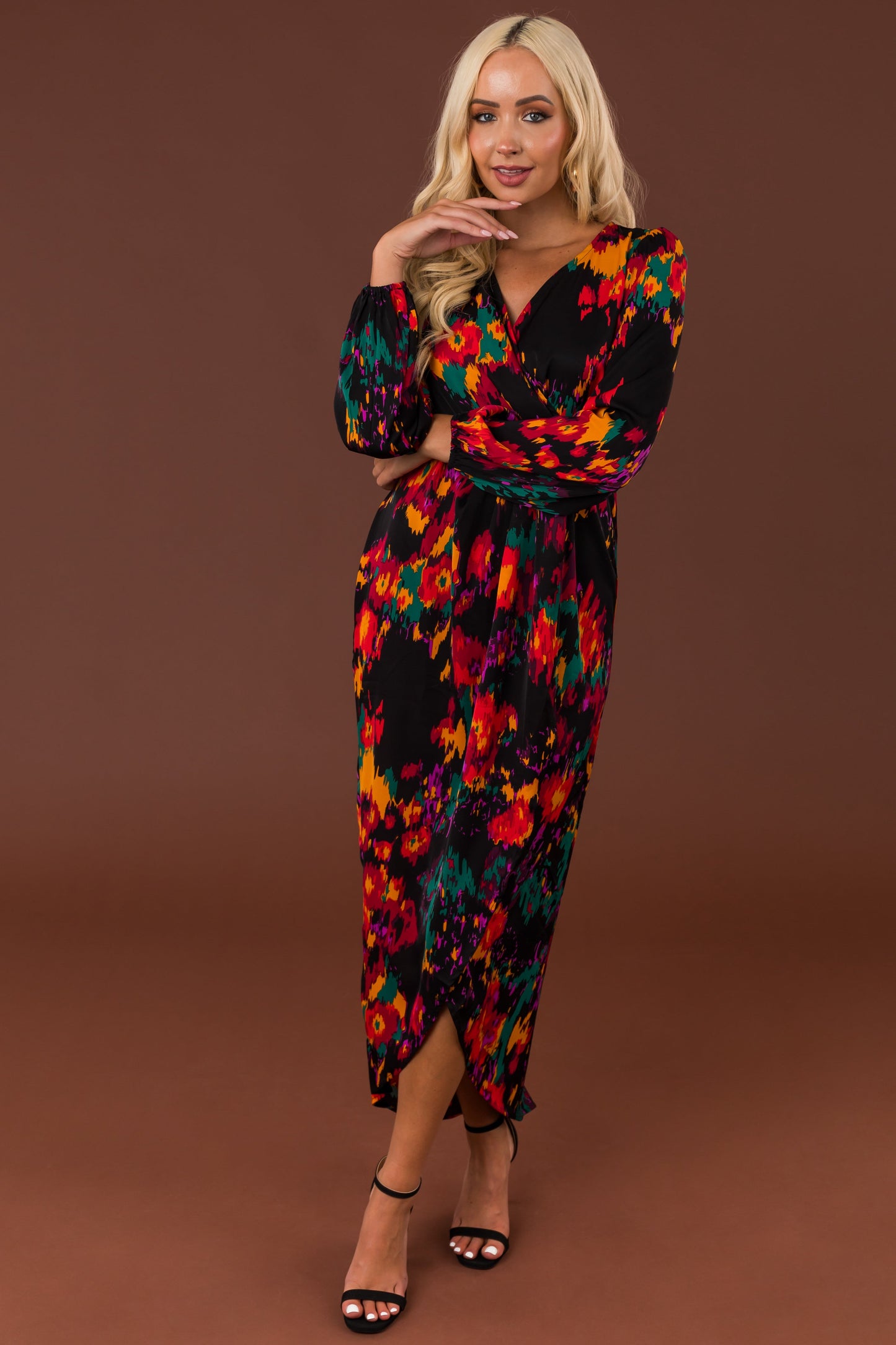 Black Abstract Print Long Sleeve Maxi Dress