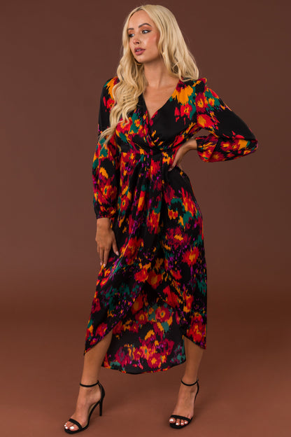 Black Abstract Print Long Sleeve Maxi Dress