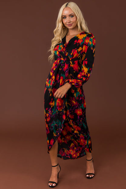 Black Abstract Print Long Sleeve Maxi Dress