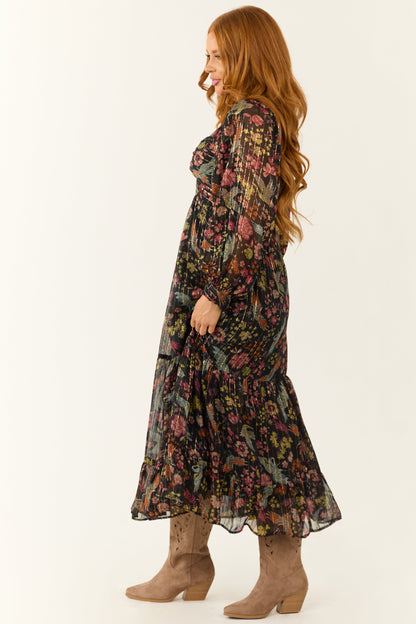 Black Floral Print Front Twist Maxi Dress