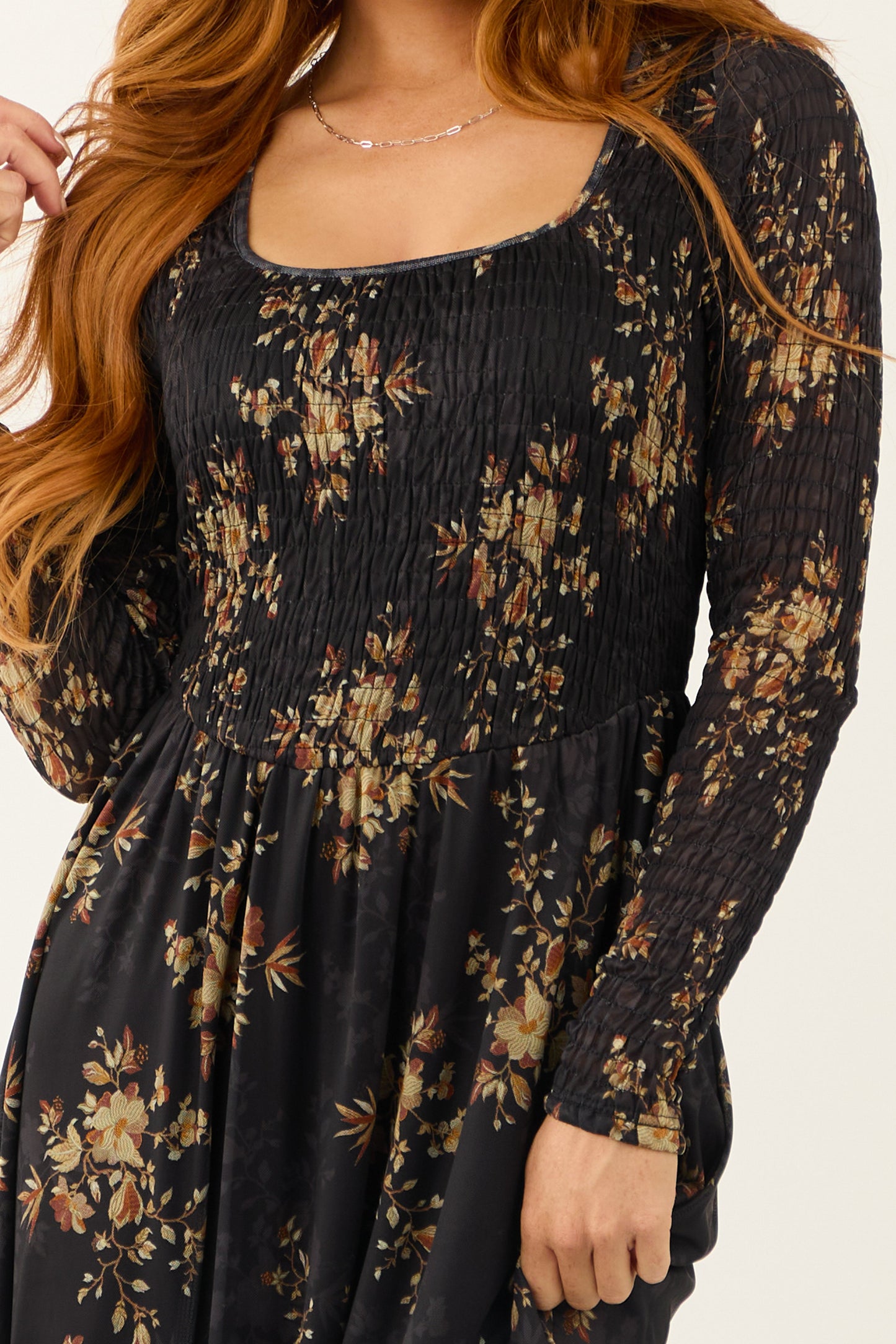 Black Floral Print Smocked Scoop Maxi Dress