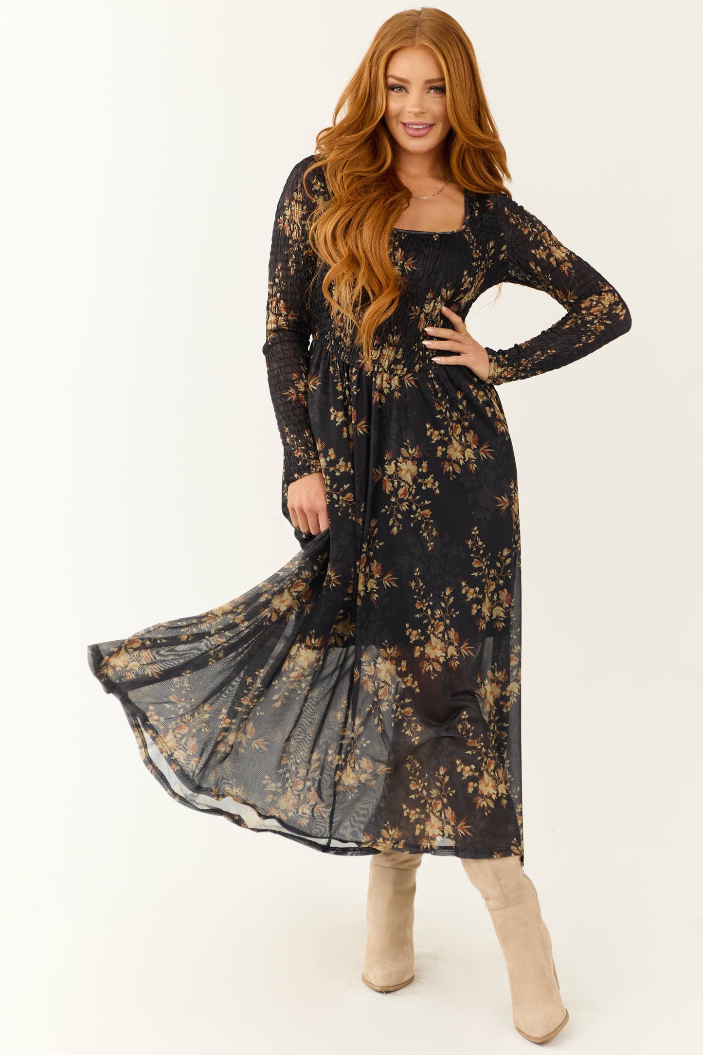 Black Floral Print Smocked Scoop Maxi Dress