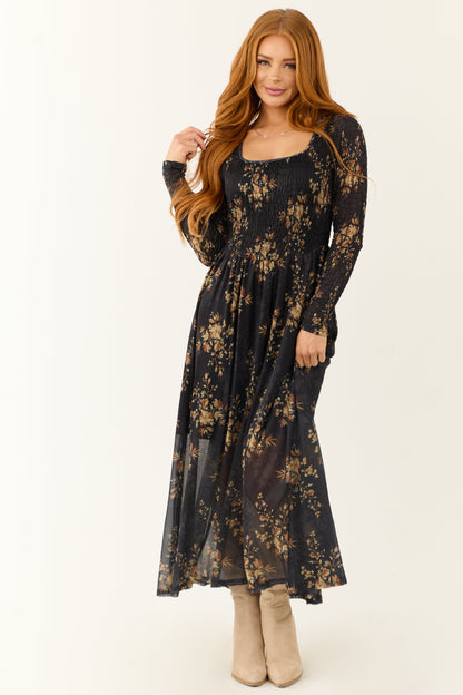 Black Floral Print Smocked Scoop Maxi Dress