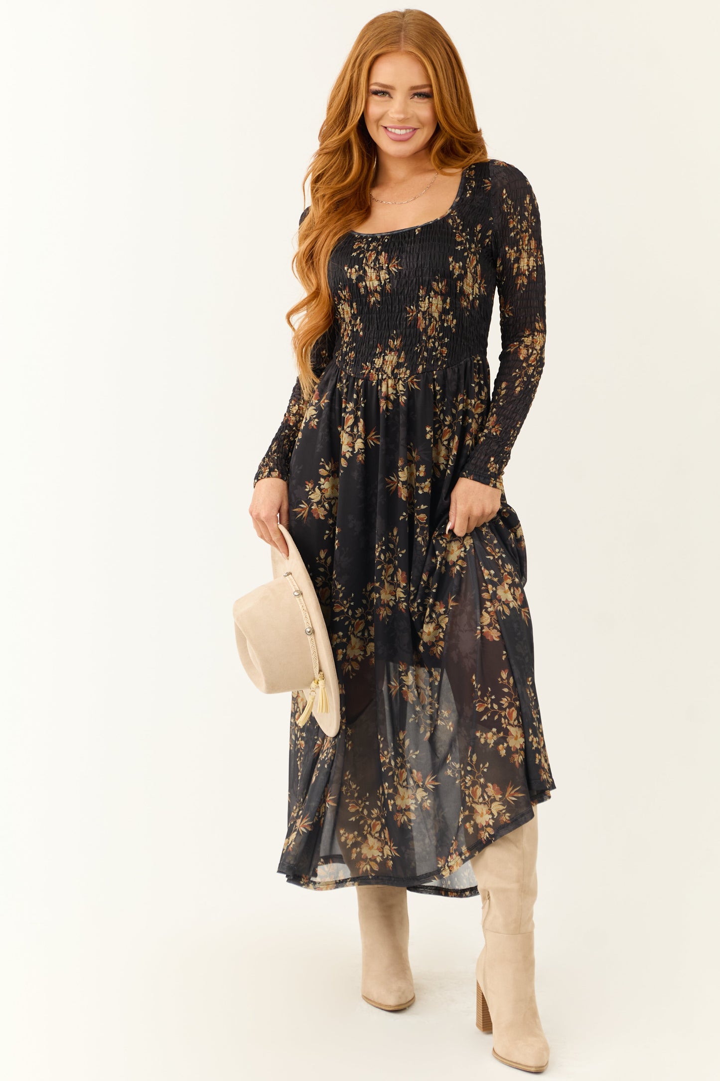 Black Floral Print Smocked Scoop Maxi Dress