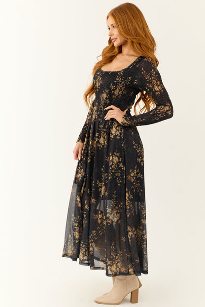 Black Floral Print Smocked Scoop Maxi Dress