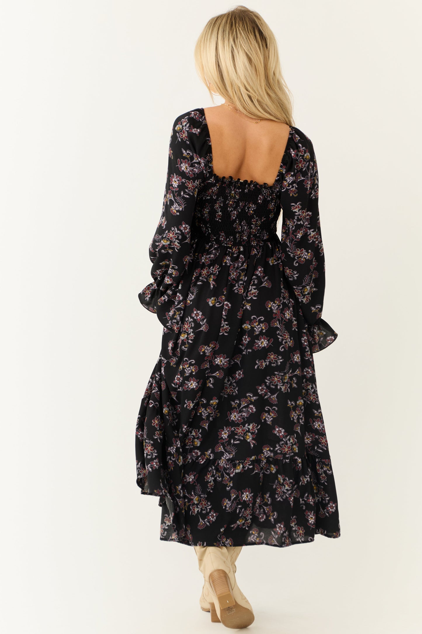 Black Floral Smocked Babydoll Long Sleeve Maxi Dress