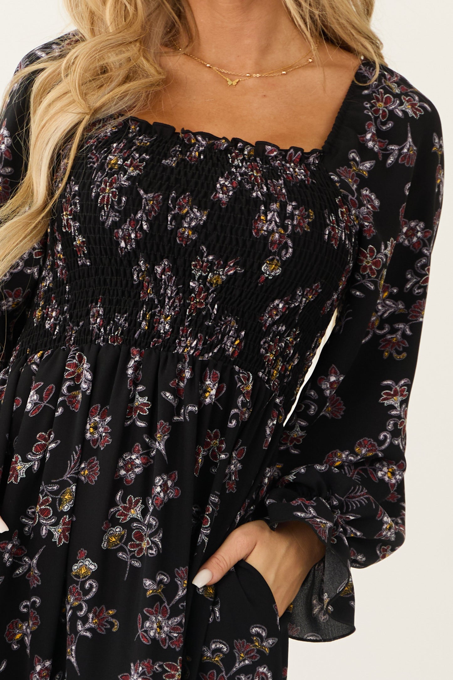 Black Floral Smocked Babydoll Long Sleeve Maxi Dress