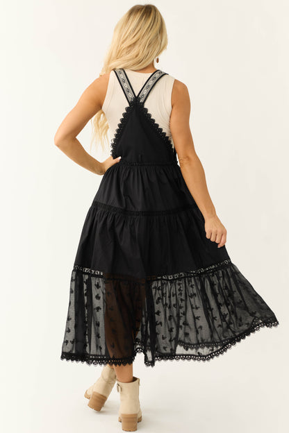 Black Lace Tiered Overalls Maxi Dress