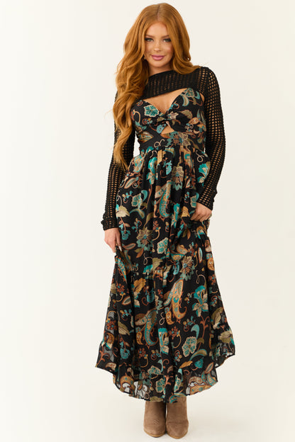 Black Paisley Pattern Cut Out Maxi Dress