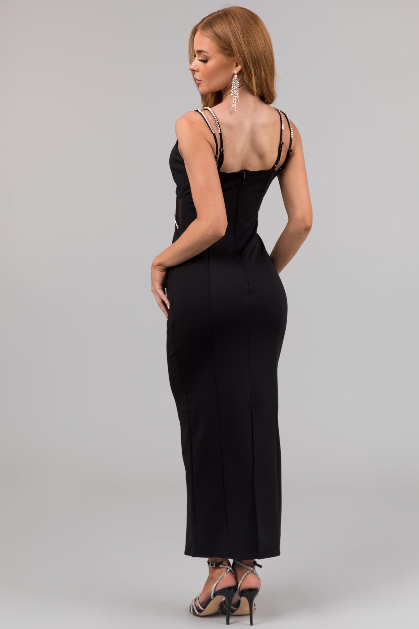 Black Rhinestone Strap Ponte Maxi Dress