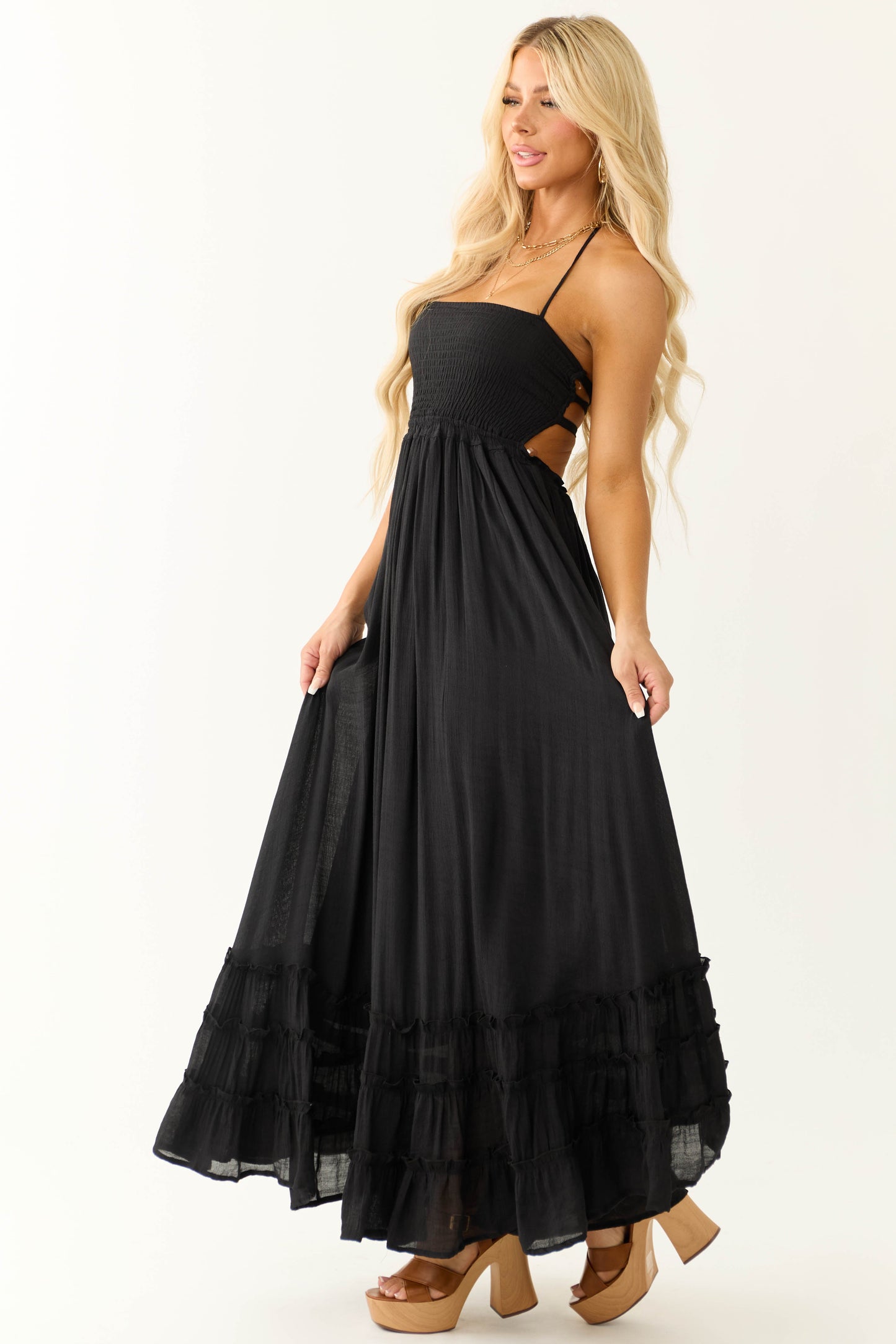 Black Ruffle Bottom Sleeveless Maxi Dress