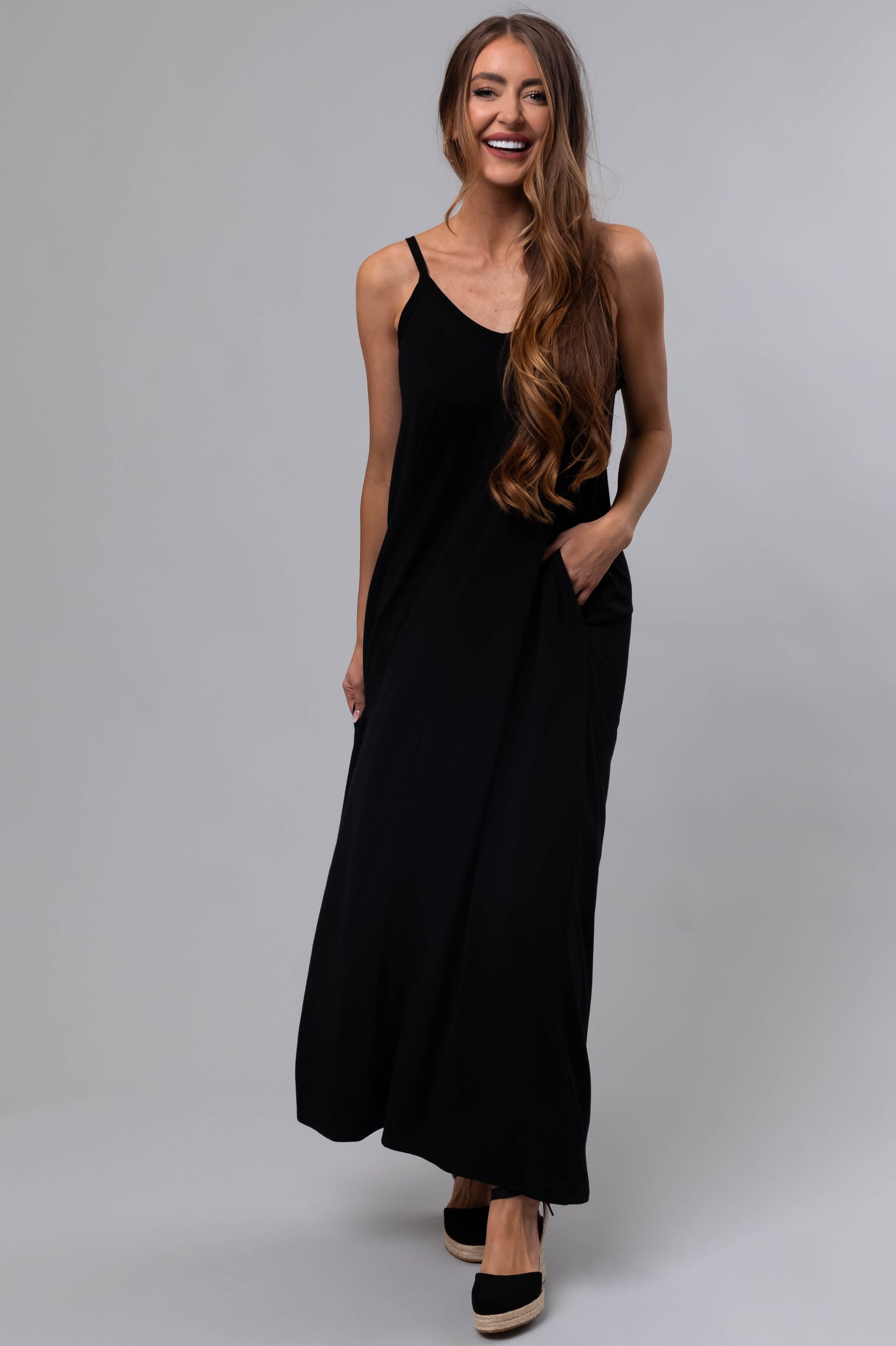 Black Sleeveless Knit Maxi Dress with Pockets