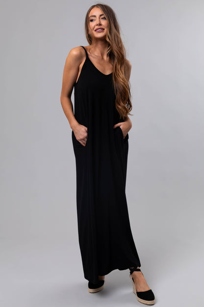 Black Sleeveless Knit Maxi Dress with Pockets