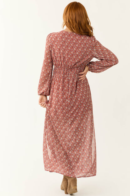 Burgundy Ditsy Floral Print Maxi Dress