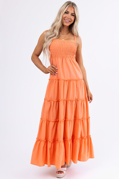 Coral Smocked Top Tiered Maxi Dress