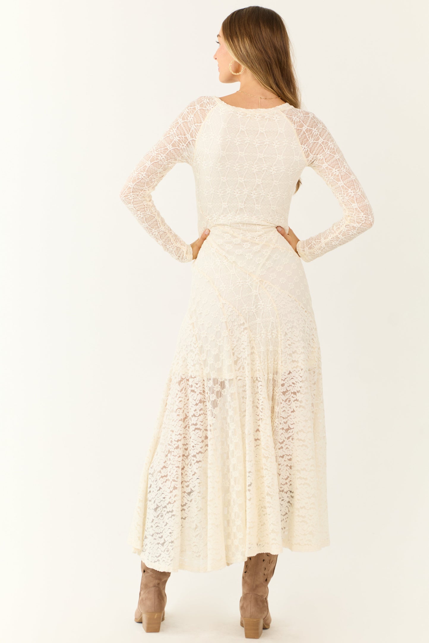 Cream Floral Lace Long Sleeve Maxi Dress