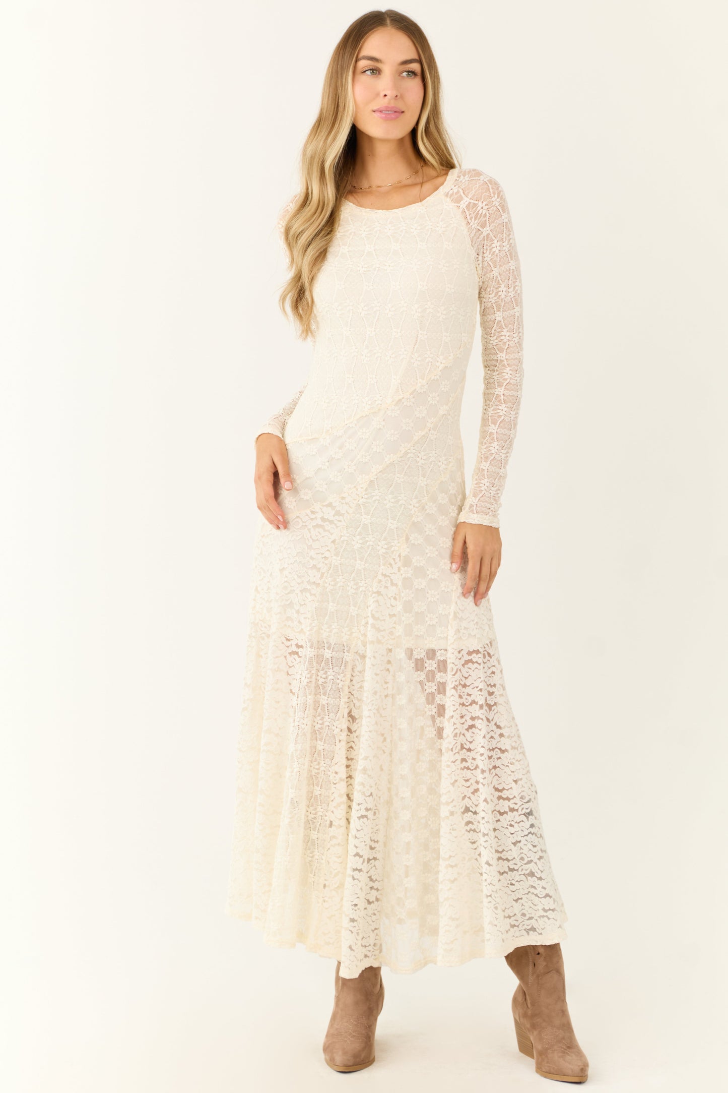 Cream Floral Lace Long Sleeve Maxi Dress