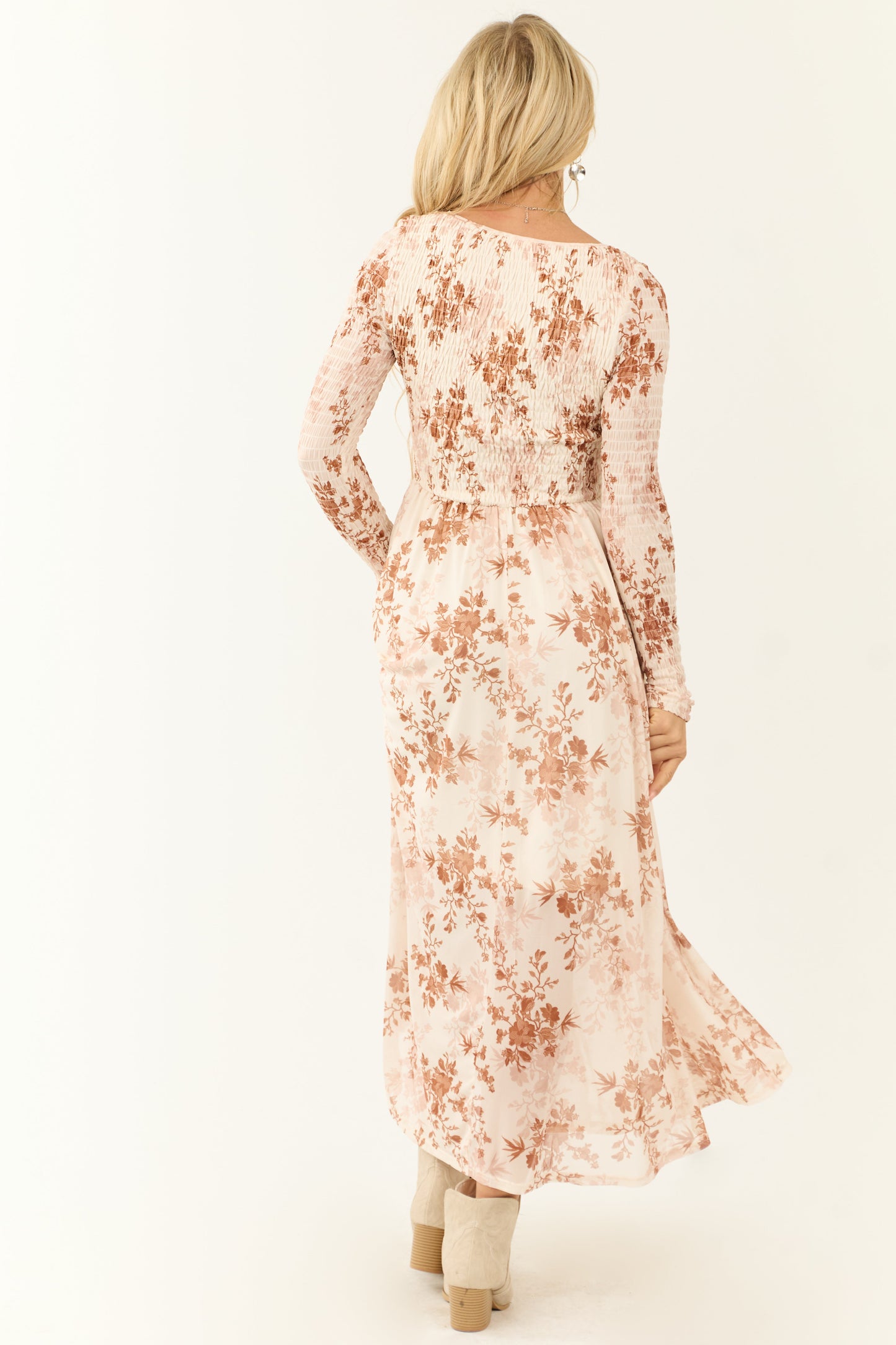 Cream Floral Print Smocked Scoop Maxi Dress