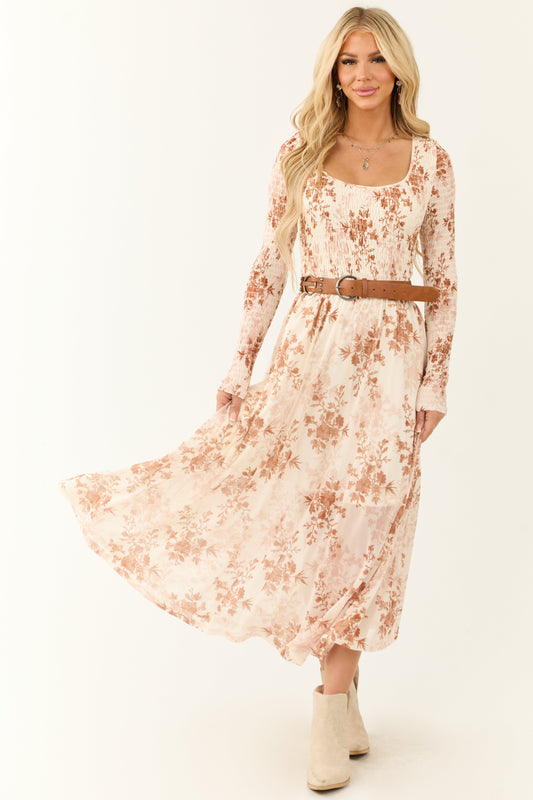 Cream Floral Print Smocked Scoop Maxi Dress