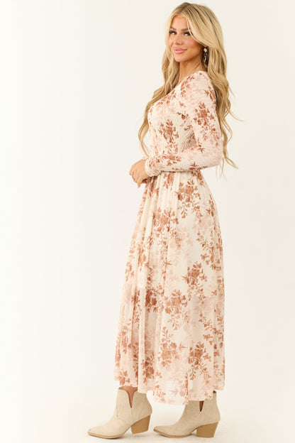 Cream Floral Print Smocked Scoop Maxi Dress