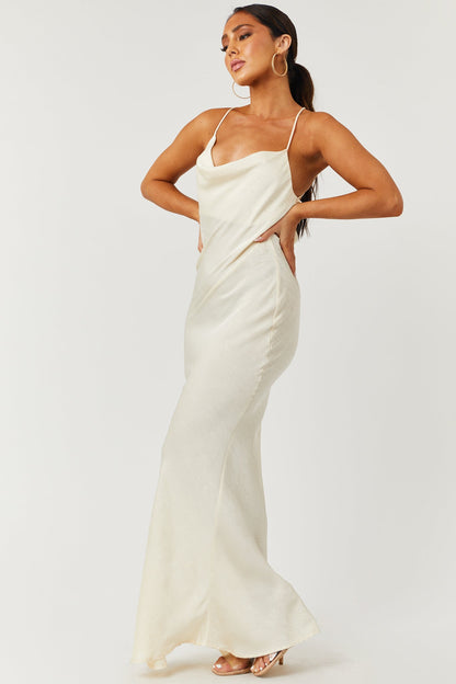 Cream Textured Cowl Neckline Maxi Dress