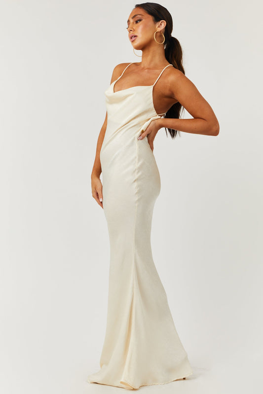 Cream Textured Cowl Neckline Maxi Dress