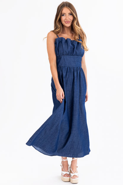 Dark Wash Denim Sleeveless Maxi Dress