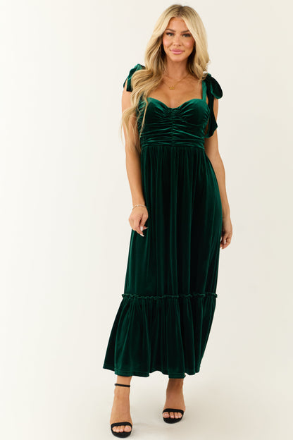 Deep Pine Velvet Tie Straps Ruched Maxi Dress