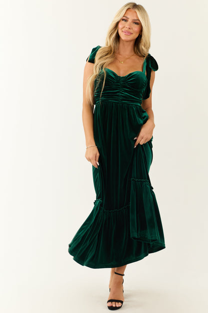 Deep Pine Velvet Tie Straps Ruched Maxi Dress