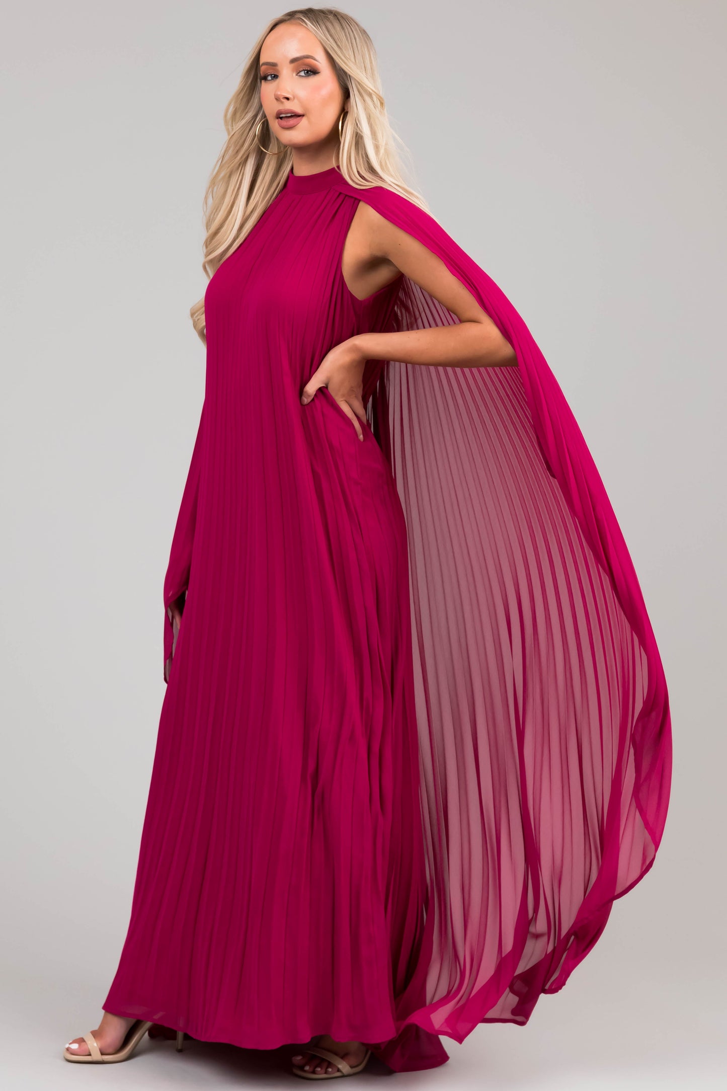 Flying Tomato Mulberry Pleated Maxi Dress with Cape