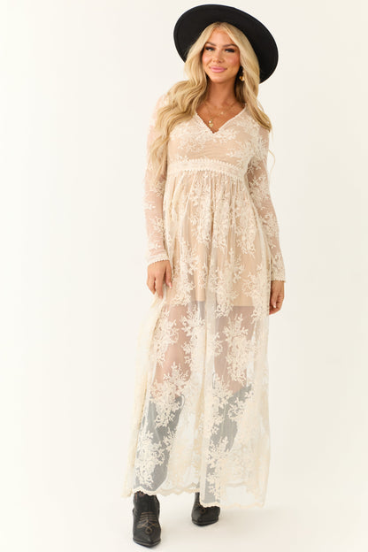 Ivory Floral Lace Long Sleeve V Neck Maxi Dress