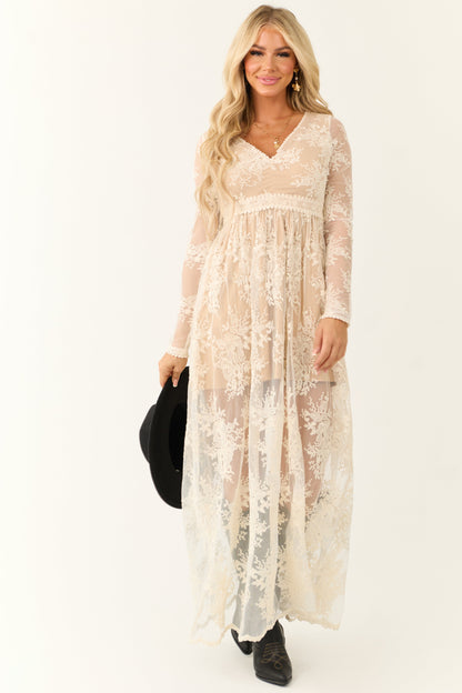 Ivory Floral Lace Long Sleeve V Neck Maxi Dress