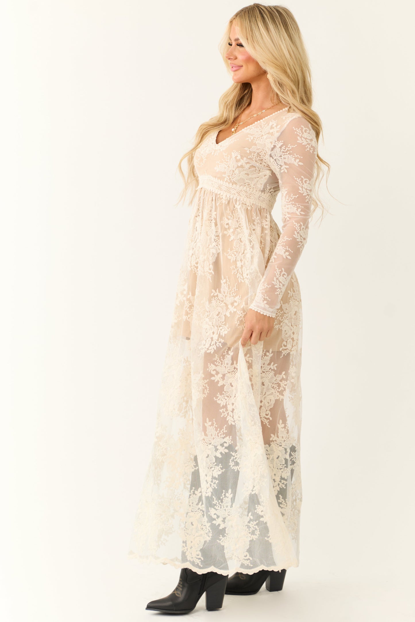 Ivory Floral Lace Long Sleeve V Neck Maxi Dress