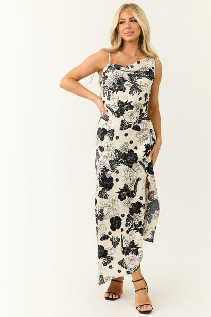 Ivory Satin Floral Print Cowl Neck Maxi Dress