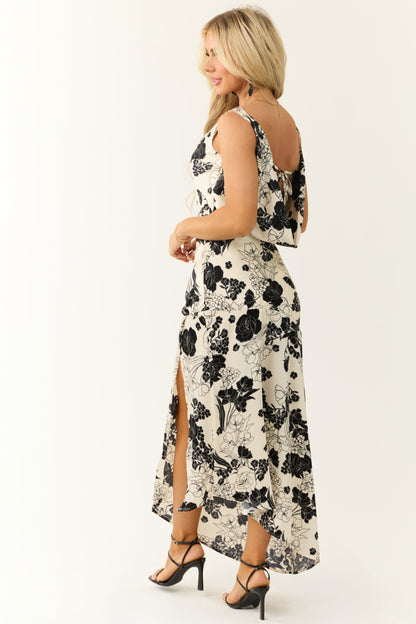 Ivory Satin Floral Print Cowl Neck Maxi Dress