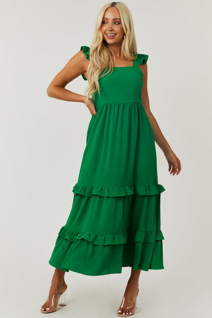 Jade Green Square Neck Ruffle Trim Maxi Dress