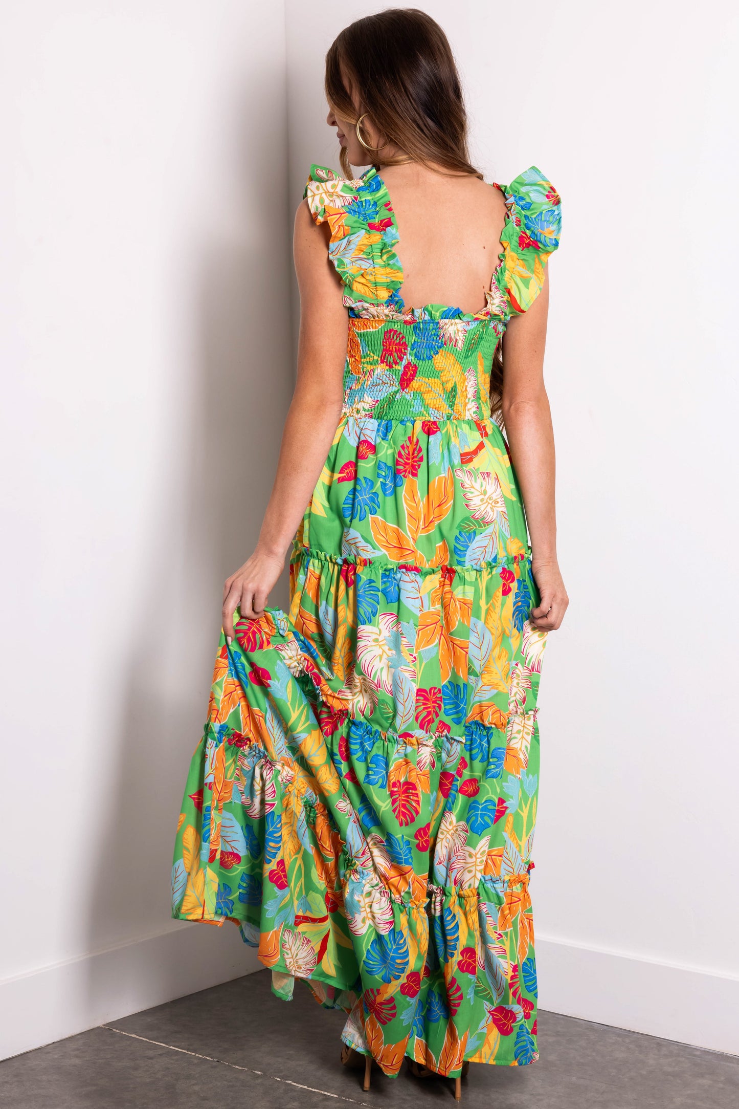 Flying Tomato Kelly Green Tropical Print Maxi Dress