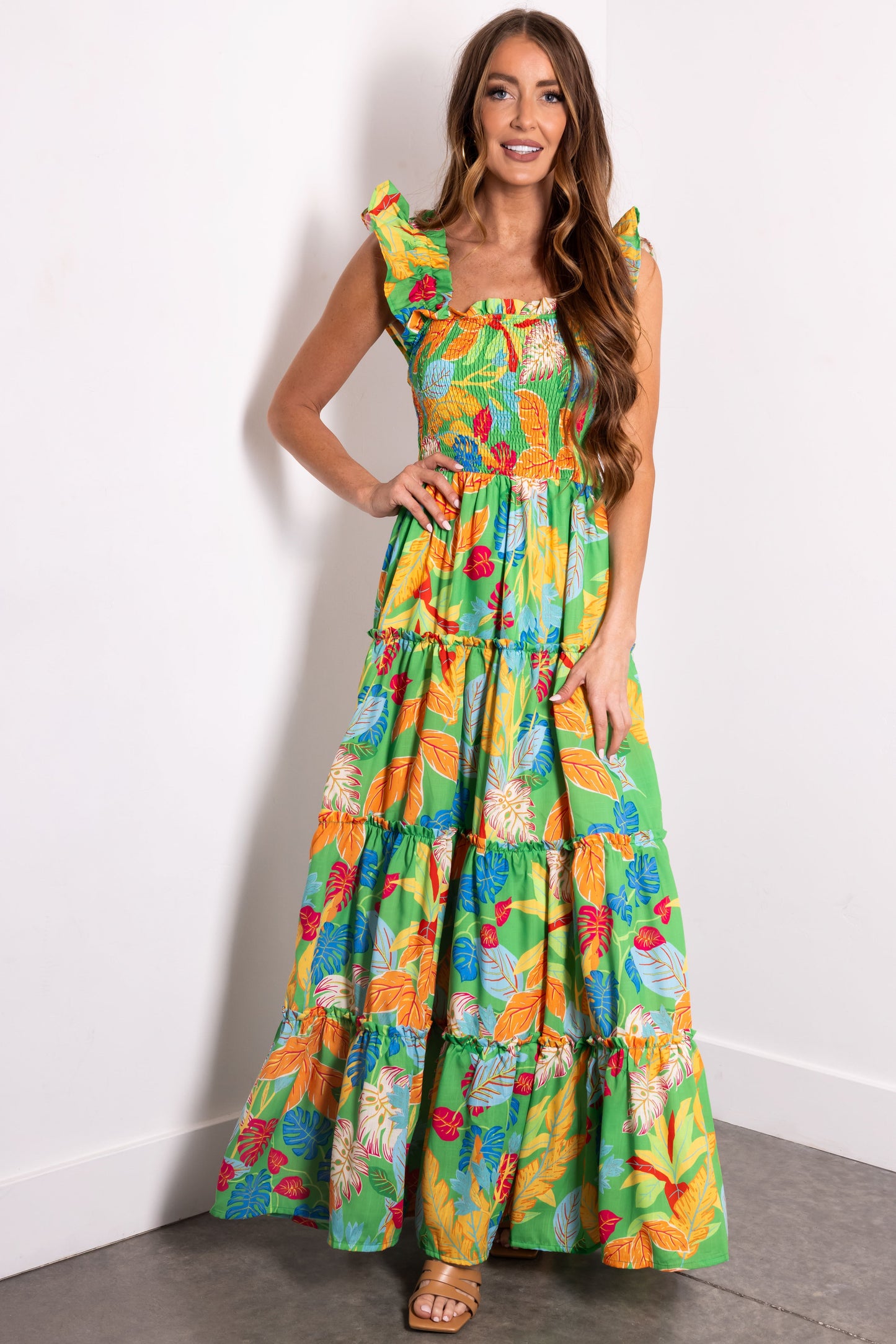 Flying Tomato Kelly Green Tropical Print Maxi Dress