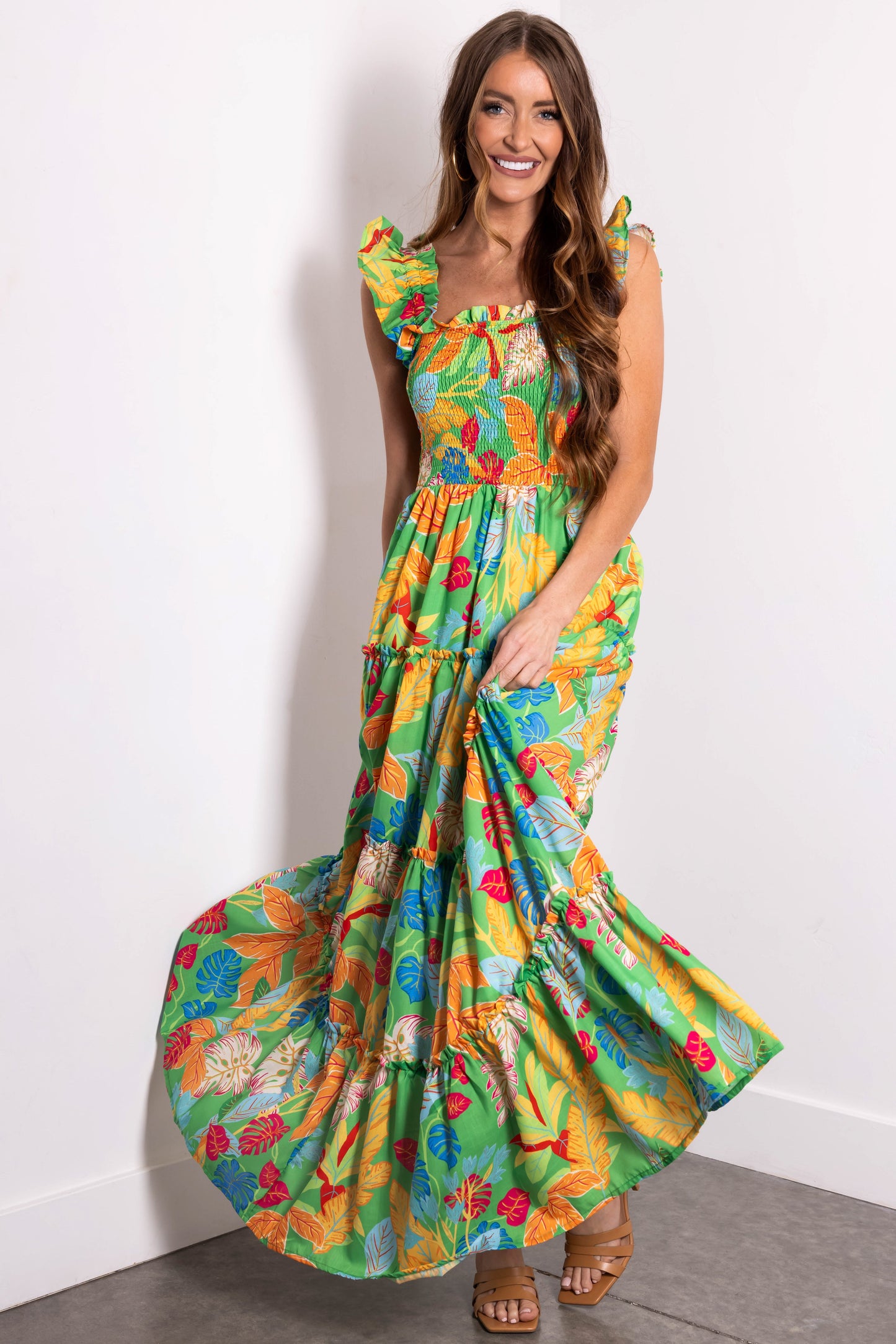 Flying Tomato Kelly Green Tropical Print Maxi Dress