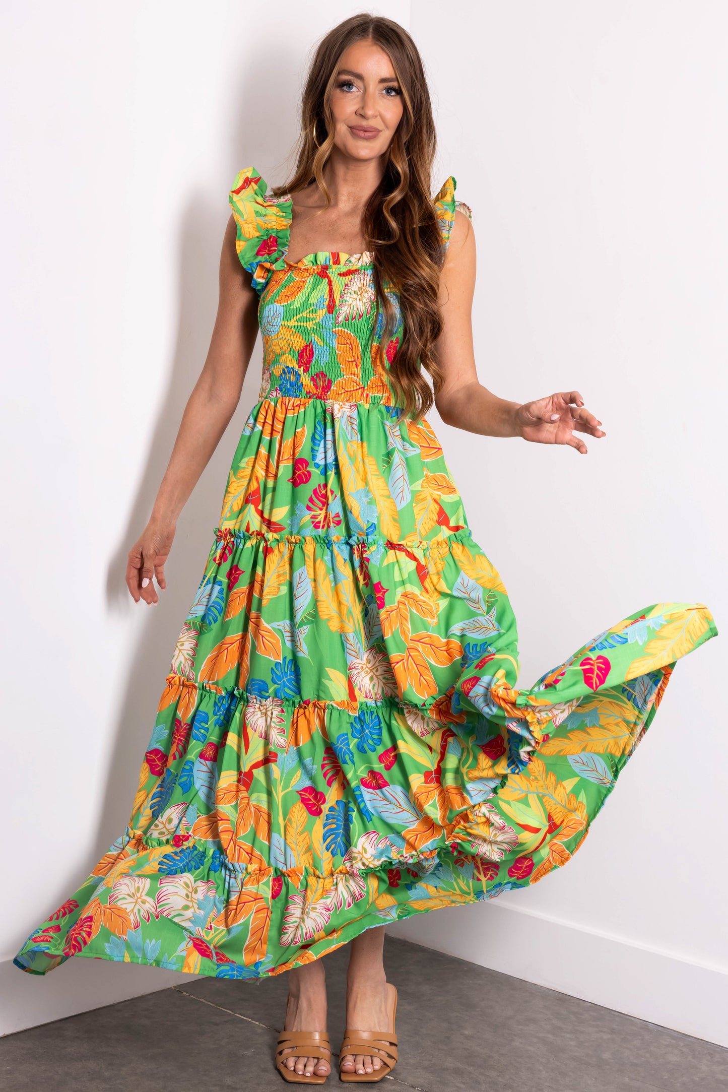 Flying Tomato Kelly Green Tropical Print Maxi Dress