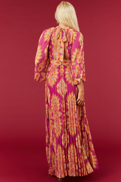 Flying Tomato Mulberry Paisley Print Pleated Maxi Dress