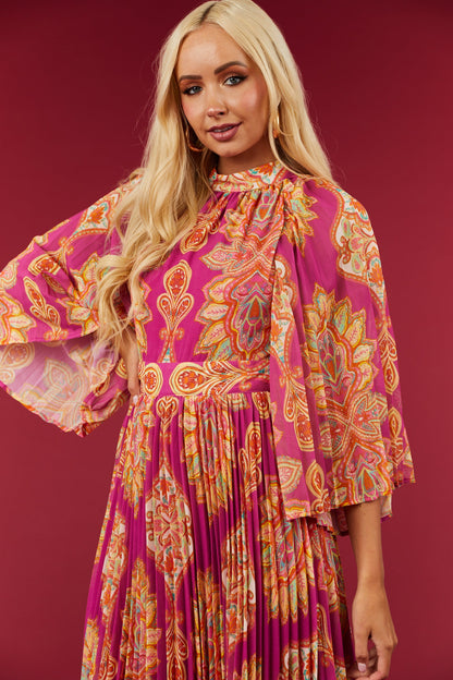 Flying Tomato Mulberry Paisley Print Pleated Maxi Dress