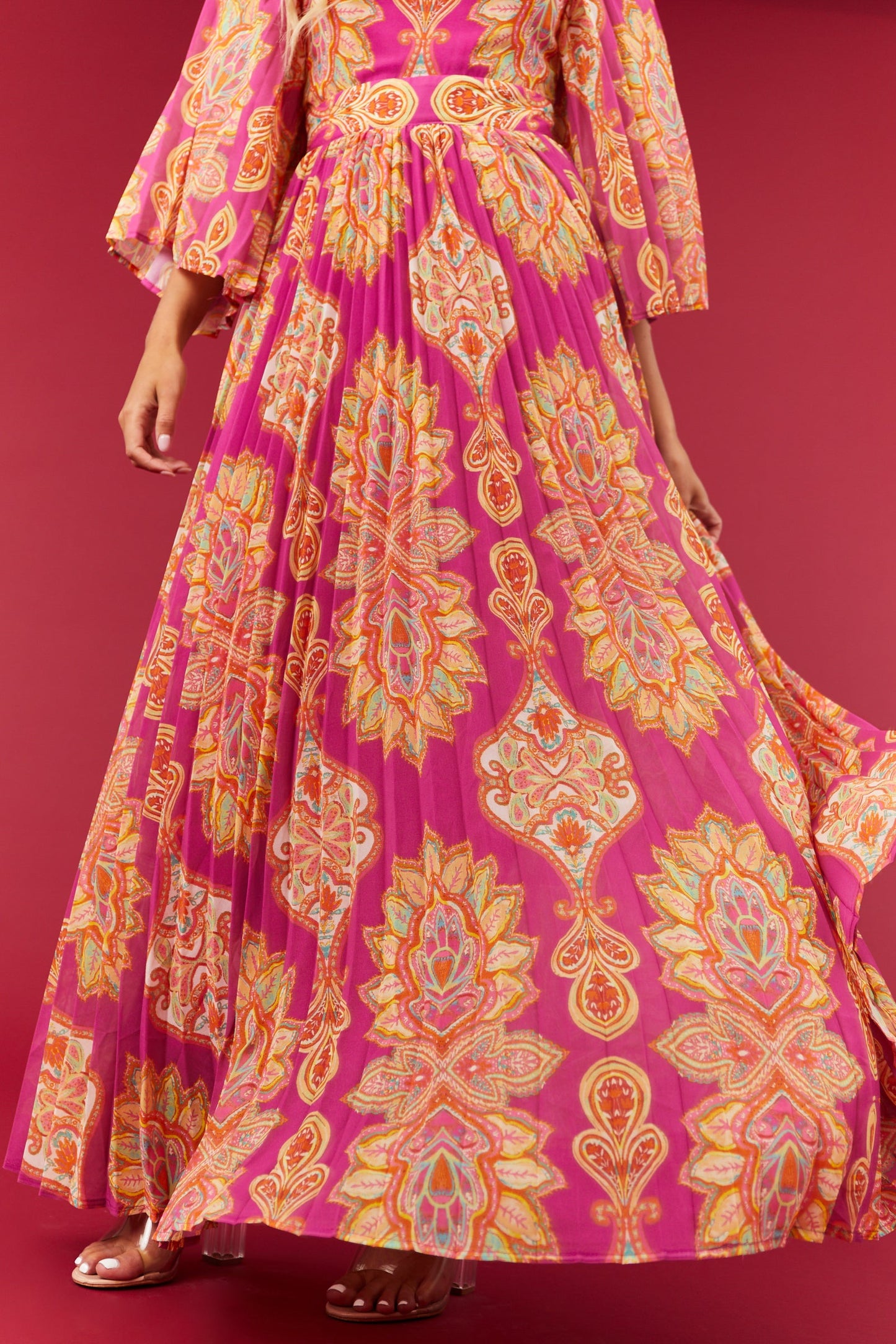 Flying Tomato Mulberry Paisley Print Pleated Maxi Dress