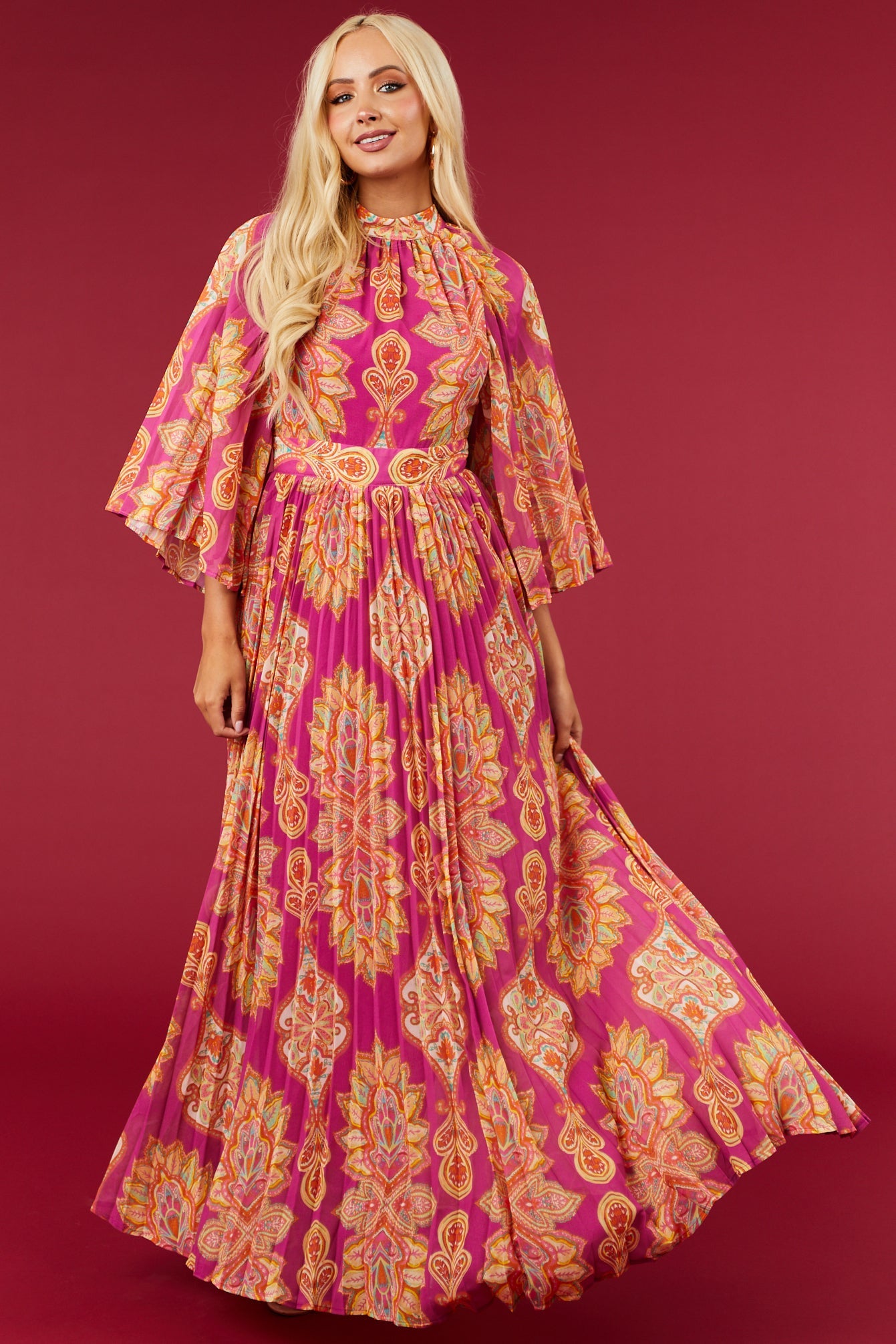 Flying Tomato Mulberry Paisley Print Pleated Maxi Dress