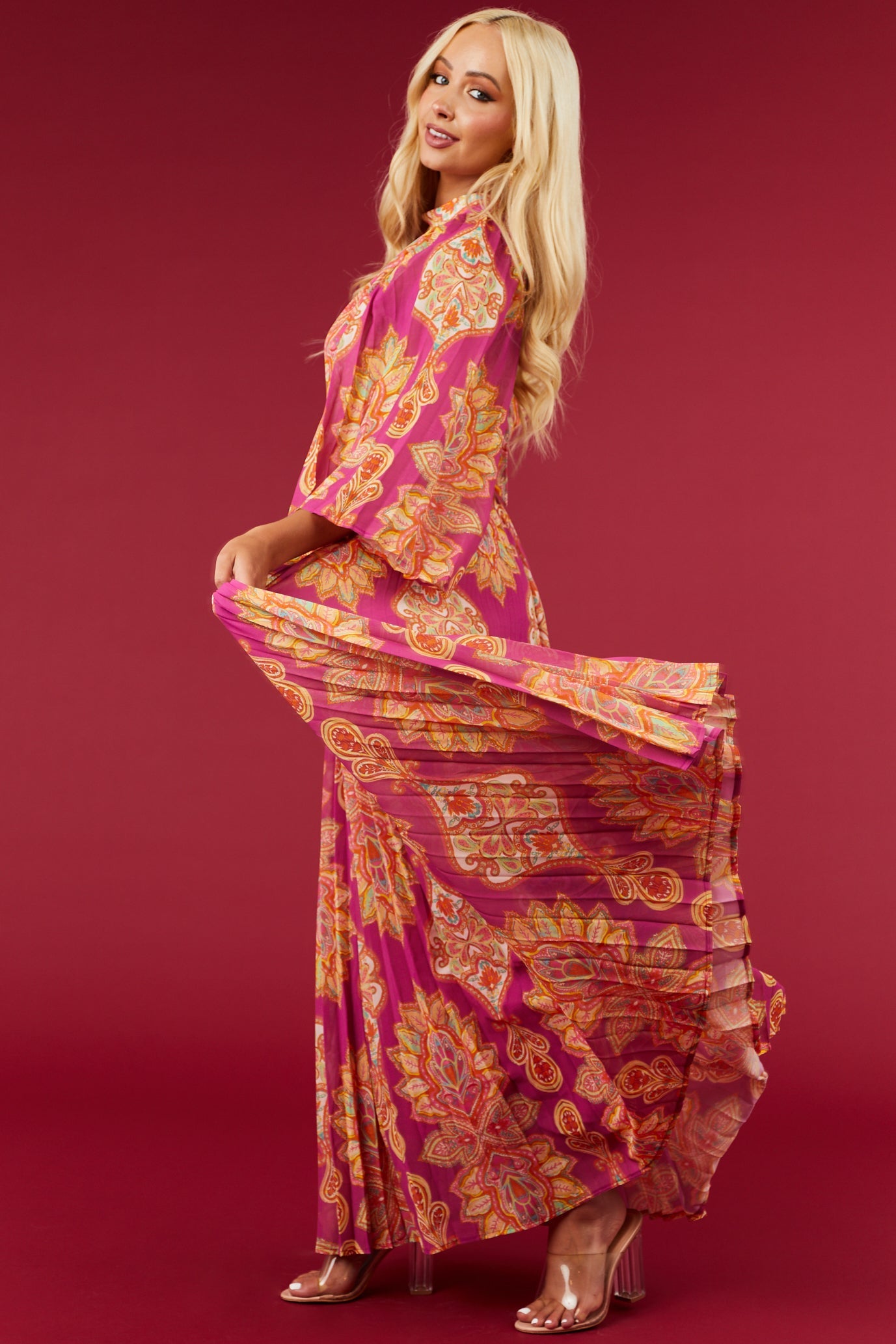 Flying Tomato Mulberry Paisley Print Pleated Maxi Dress