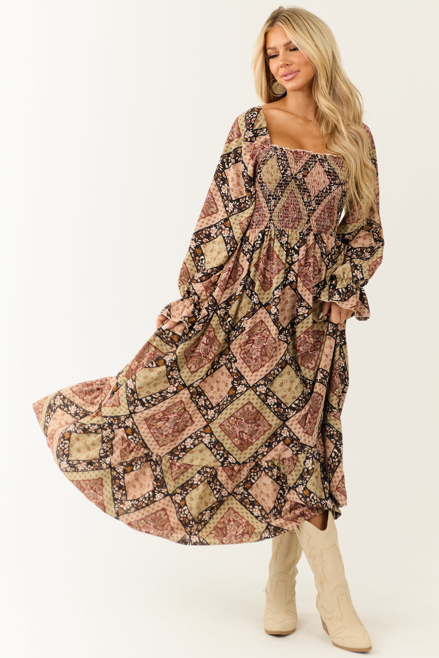 Oatmeal Patchwork Square Neck Maxi Dress