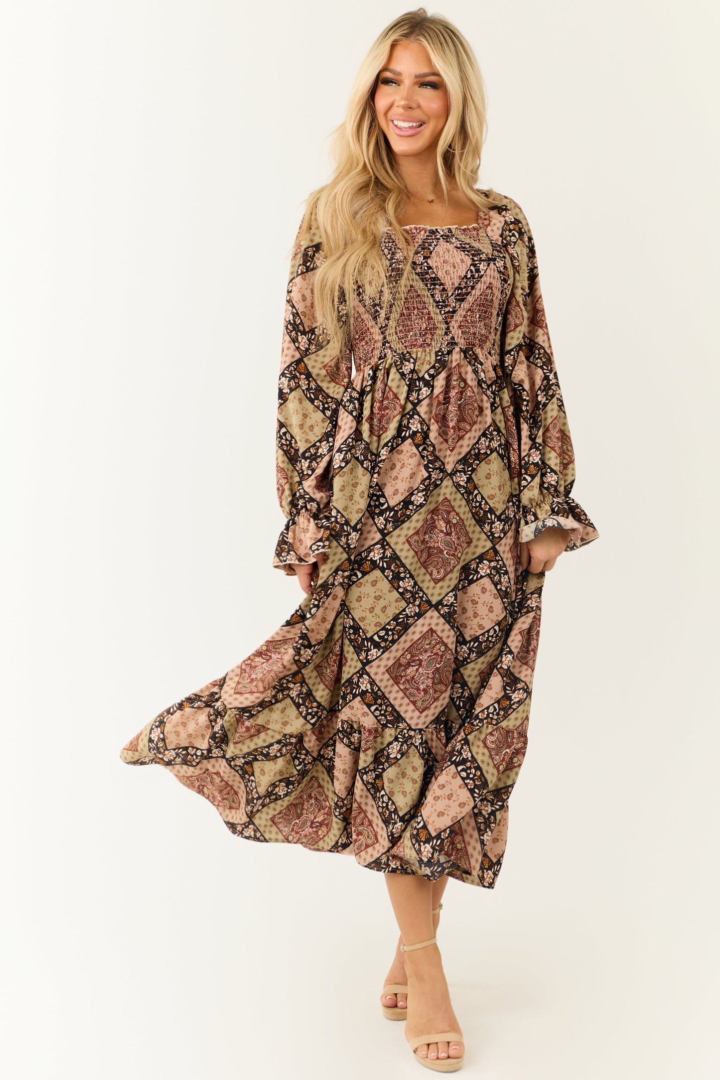 Oatmeal Patchwork Square Neck Maxi Dress